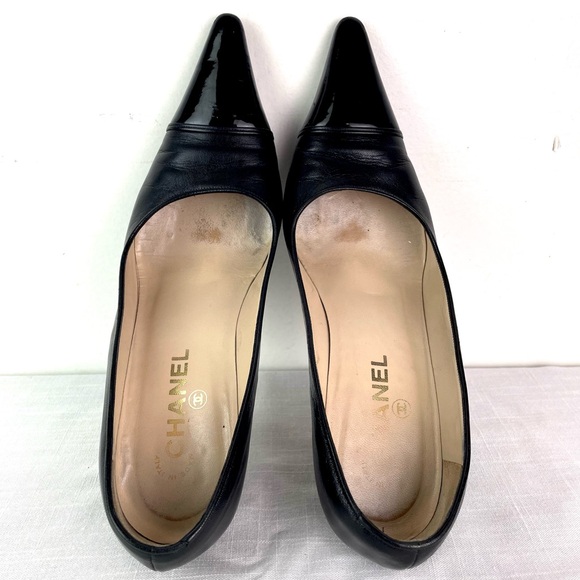 Authentic Vintage Chanel kitten heel pointed pumps size 38 1/2 two black leather - Picture 8 of 8